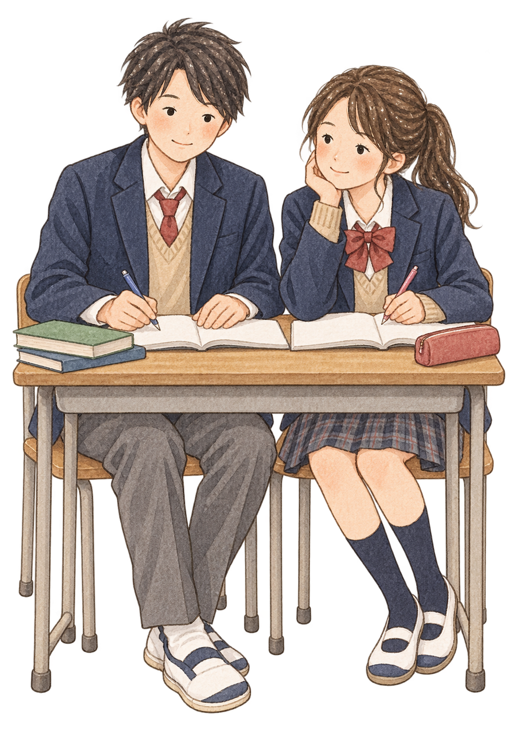 二人で勉強する学生の水彩イラスト｜受験・合格祈願の無料素材 104584に写真・文字を入れる