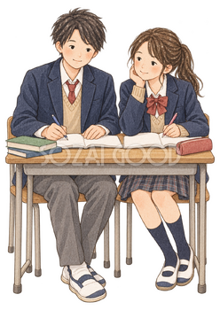 二人で勉強する学生の水彩イラスト｜受験・合格祈願の無料素材 104584