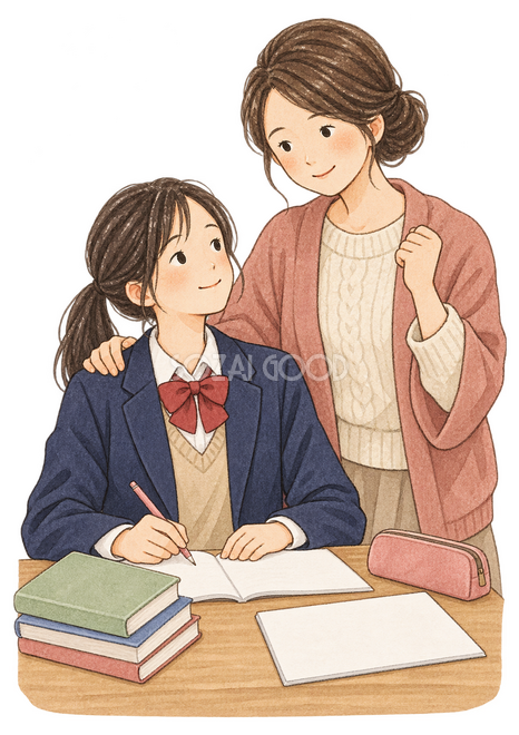学生を応援する母親と女子学生の二人イラスト 学生を応援する母親と女子学生の二人イラスト