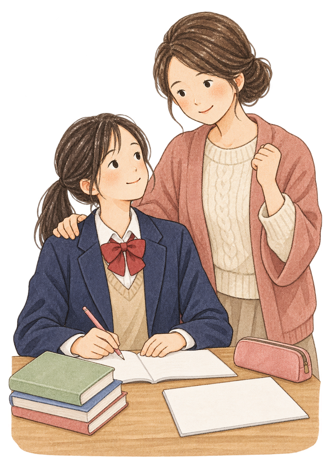 学生を応援する母親と女子学生の二人の水彩イラスト｜受験・合格祈願の無料素材 104585に写真・文字を入れる
