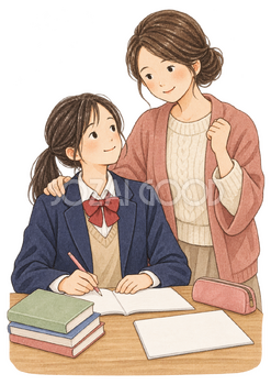 学生を応援する母親と女子学生の二人の水彩イラスト｜受験・合格祈願の無料素材 104585