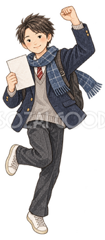 合格を喜ぶ男子学生の水彩イラスト｜受験・合格祈願の無料素材 104586