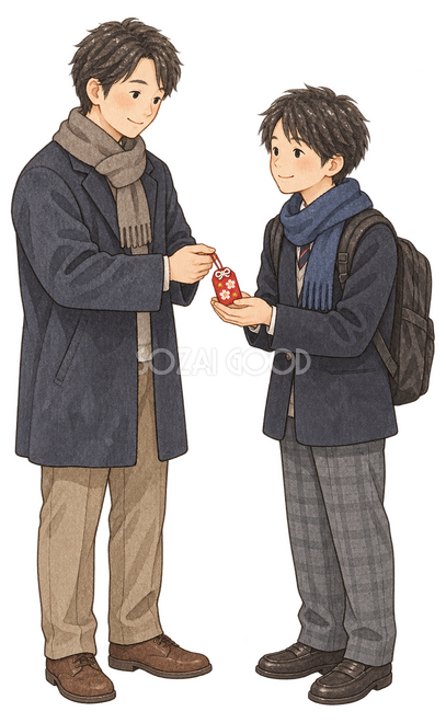 学生へお守りを渡す父親と男子学生の二人イラスト 学生へお守りを渡す父親と男子学生の二人イラスト