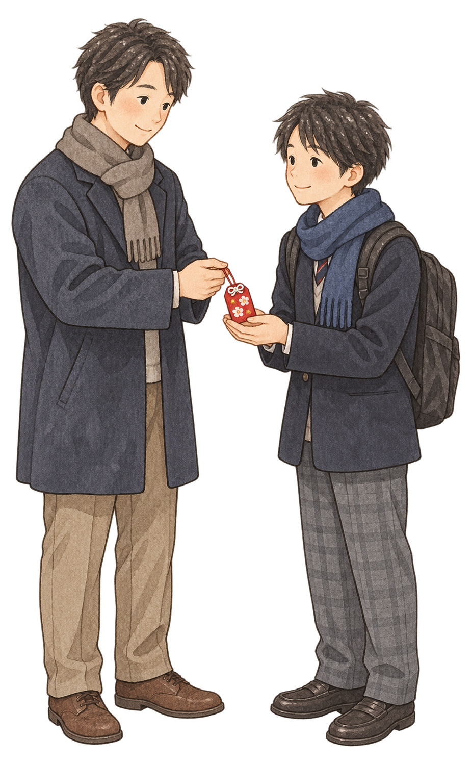 学生へお守りを渡す父親と男子学生の二人の水彩イラスト｜受験・合格祈願の無料素材 104588に写真・文字を入れる