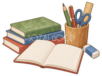 机の上の勉強道具の水彩イラスト｜受験・合格祈願の無料素材 104592