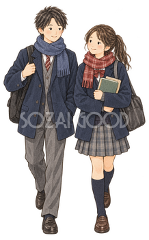 学校へ向かう学生二人の水彩イラスト｜受験・合格祈願の無料素材 104604