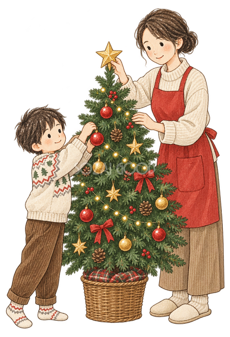 ツリーを飾る母親と子どもの二人イラスト