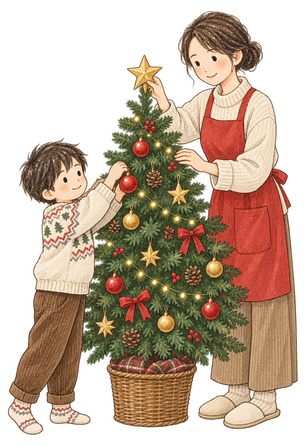 ツリーを飾る母親と子どもの二人の水彩イラスト｜クリスマスの無料素材 104606に写真・文字を入れる