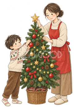 ツリーを飾る母親と子どもの二人の水彩イラスト｜クリスマスの無料素材 104606