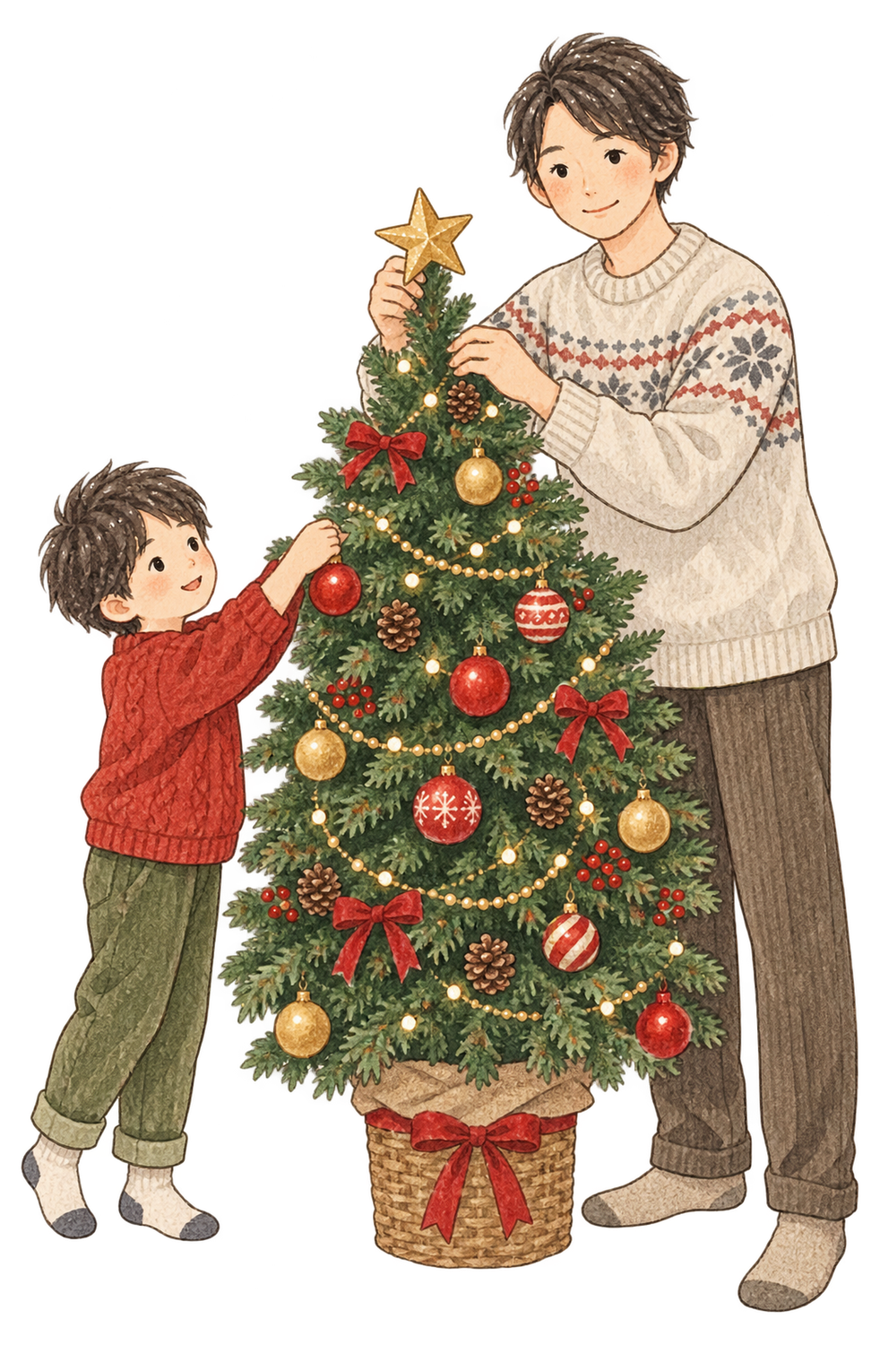 ツリーを飾る父親と子どもの二人の水彩イラスト｜クリスマスの無料素材 104607に写真・文字を入れる