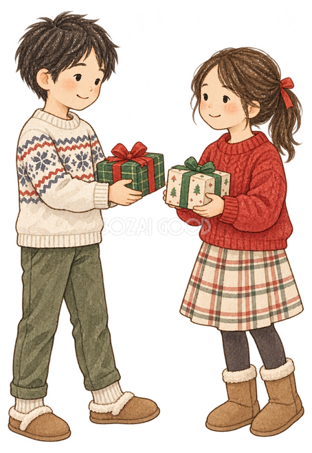 プレゼントを交換する子ども二人イラスト