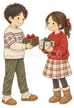プレゼントを交換する子ども二人の水彩イラスト｜クリスマスの無料素材 104608