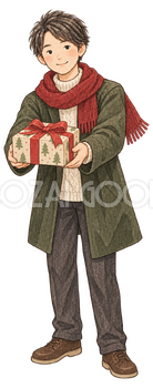 プレゼントを渡す成人男性の水彩イラスト｜クリスマスの無料素材 104609