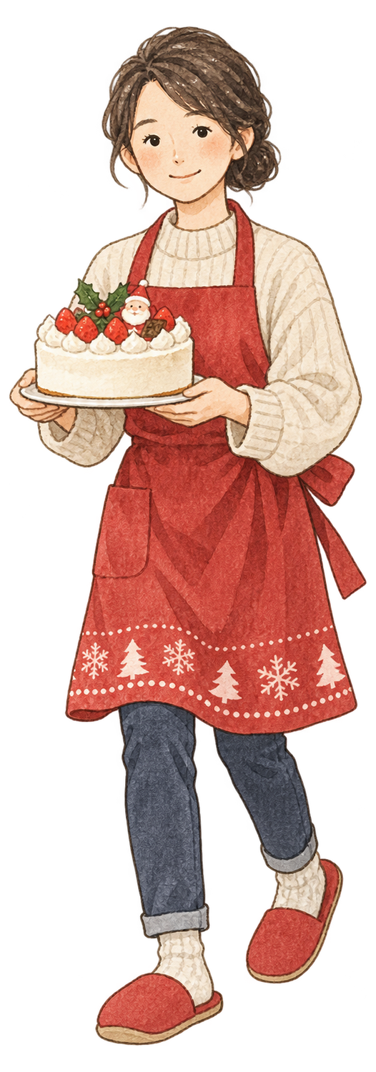 クリスマスケーキを運ぶ女性の水彩イラスト｜クリスマスの無料素材 104611に写真・文字を入れる