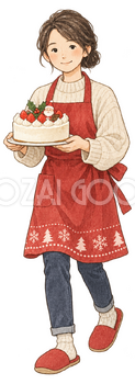クリスマスケーキを運ぶ女性の水彩イラスト｜クリスマスの無料素材 104611
