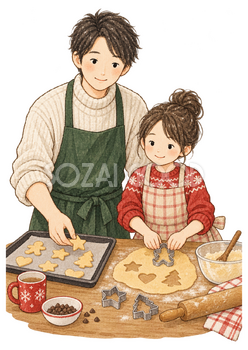 クッキーを作る親子二人の水彩イラスト｜クリスマスの無料素材 104612