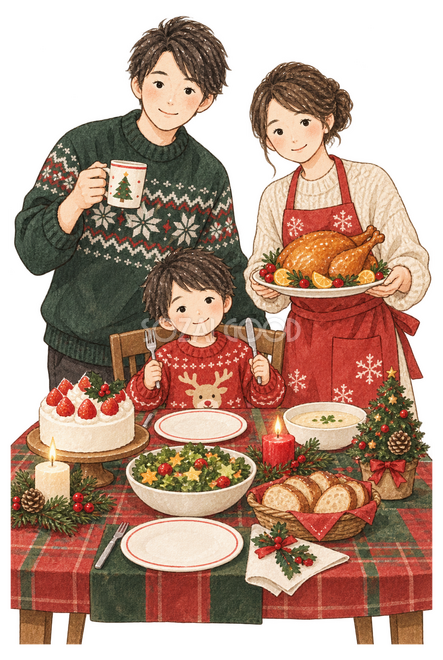 クリスマスの食卓を囲む家族三人イラスト