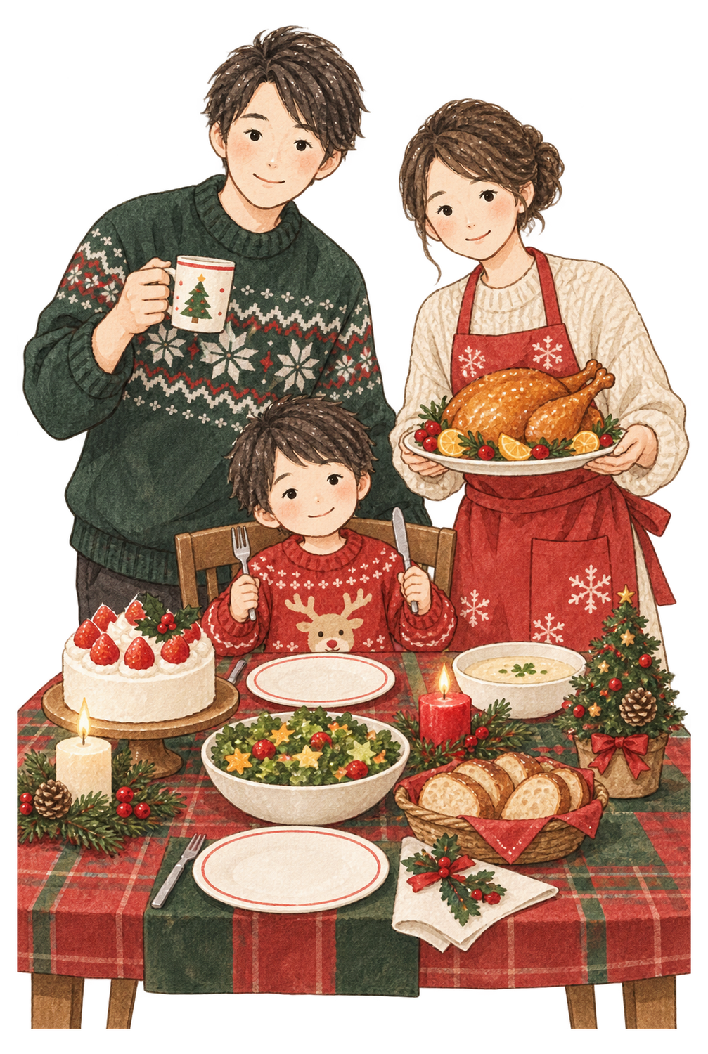 クリスマスの食卓を囲む家族三人の水彩イラスト｜クリスマスの無料素材 104618に写真・文字を入れる