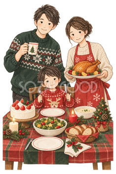 クリスマスの食卓を囲む家族三人の水彩イラスト｜クリスマスの無料素材 104618