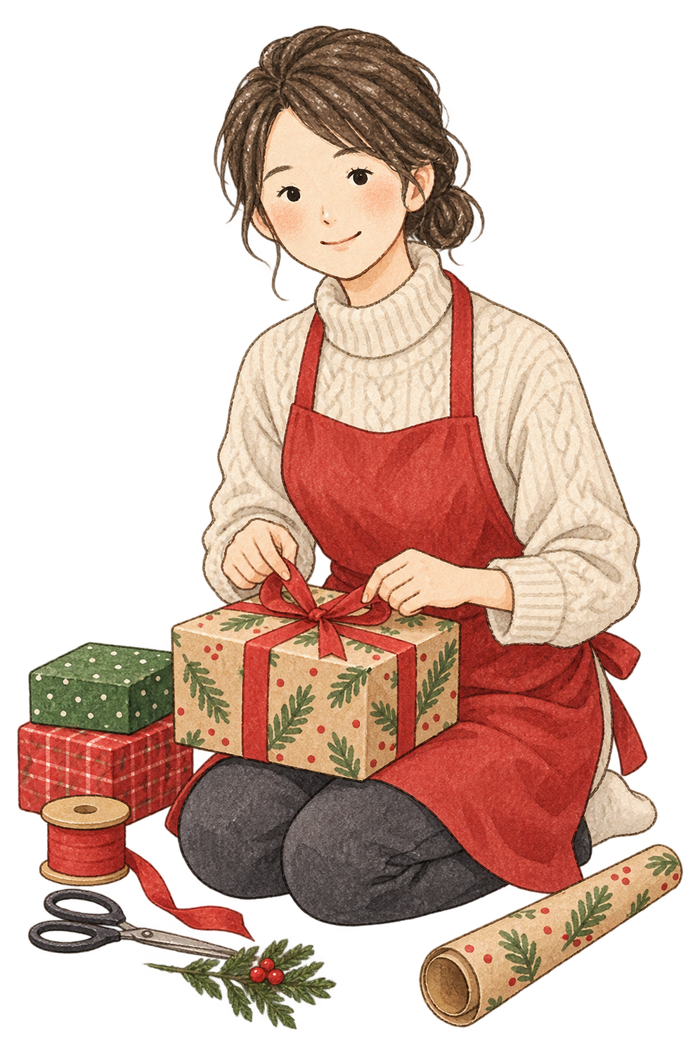 贈り物を包む女性の水彩イラスト｜クリスマスの無料素材 104619に写真・文字を入れる