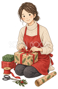 贈り物を包む女性の水彩イラスト｜クリスマスの無料素材 104619
