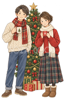 ツリーの前で笑う友人二人の水彩イラスト｜クリスマスの無料素材 104621