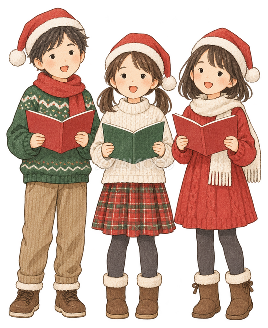 クリスマスの歌を歌う子ども三人イラスト