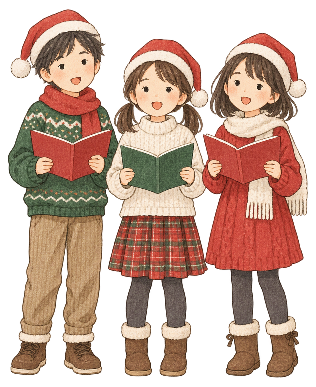 クリスマスの歌を歌う子ども三人の水彩イラスト｜クリスマスの無料素材 104622に写真・文字を入れる