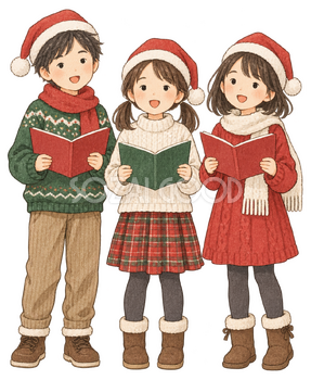クリスマスの歌を歌う子ども三人の水彩イラスト｜クリスマスの無料素材 104622