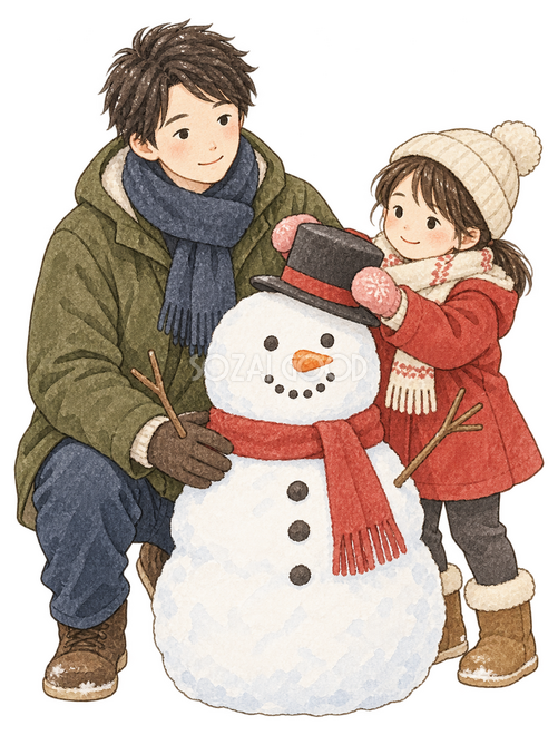 雪だるまを作る親子二人イラスト