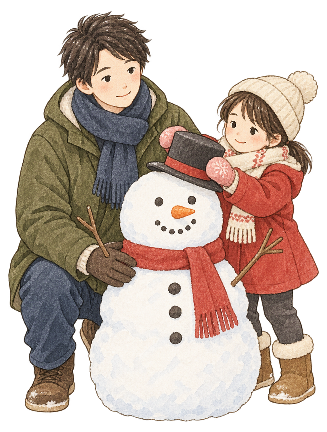 雪だるまを作る親子二人の水彩イラスト｜クリスマスの無料素材 104623に写真・文字を入れる