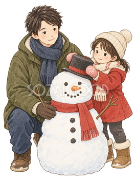 雪だるまを作る親子二人の水彩イラスト｜クリスマスの無料素材 104623
