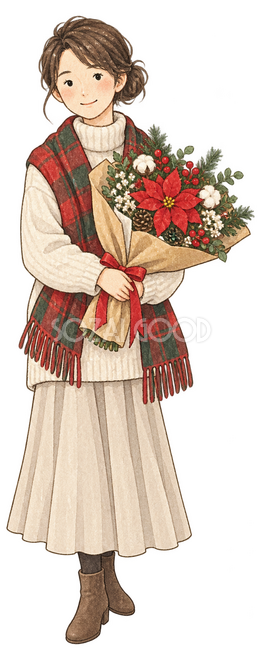 クリスマスの花束を持つ女性イラスト