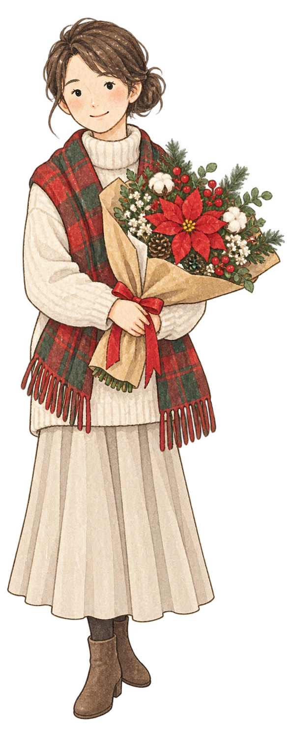 クリスマスの花束を持つ女性の水彩イラスト｜クリスマスの無料素材 104625に写真・文字を入れる