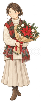 クリスマスの花束を持つ女性の水彩イラスト｜クリスマスの無料素材 104625
