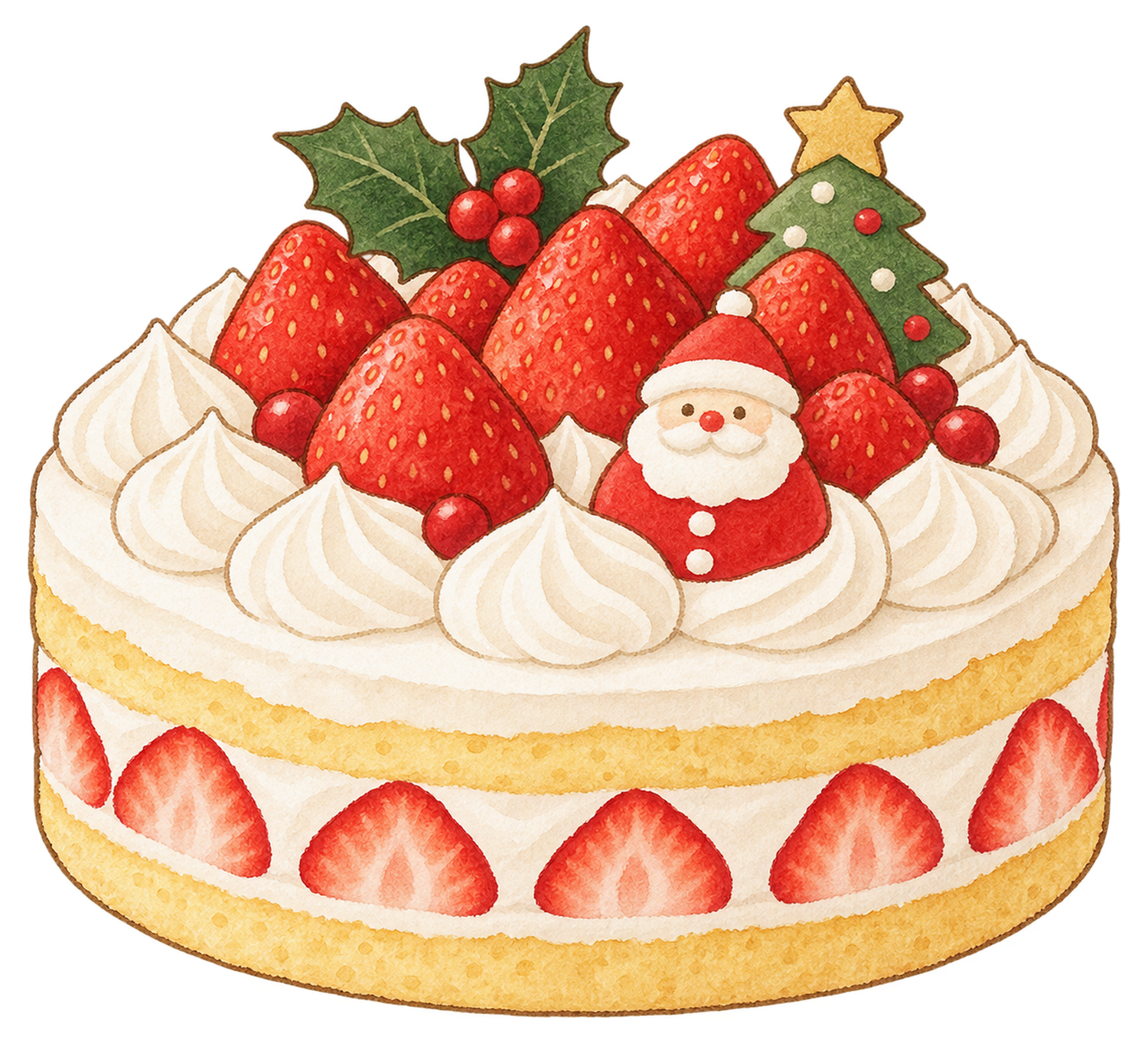 苺のクリスマスケーキの水彩イラスト｜クリスマスの食べ物の無料素材 104627に写真・文字を入れる