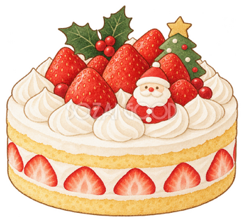 苺のクリスマスケーキの水彩イラスト｜クリスマスの食べ物の無料素材 104627