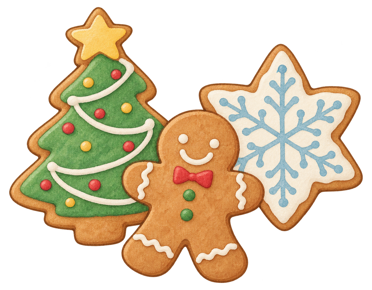 クリスマスのアイシングクッキー三枚の水彩イラスト｜クリスマスの食べ物の無料素材 104634に写真・文字を入れる