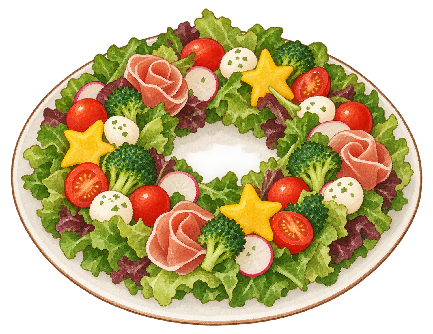 クリスマスのサラダリースの水彩イラスト｜クリスマスの食べ物の無料素材 104637に写真・文字を入れる