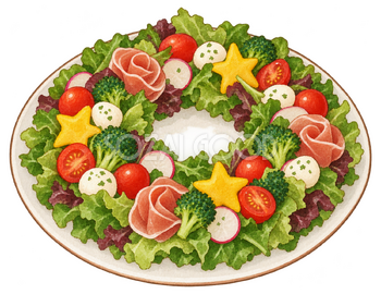クリスマスのサラダリースの水彩イラスト｜クリスマスの食べ物の無料素材 104637