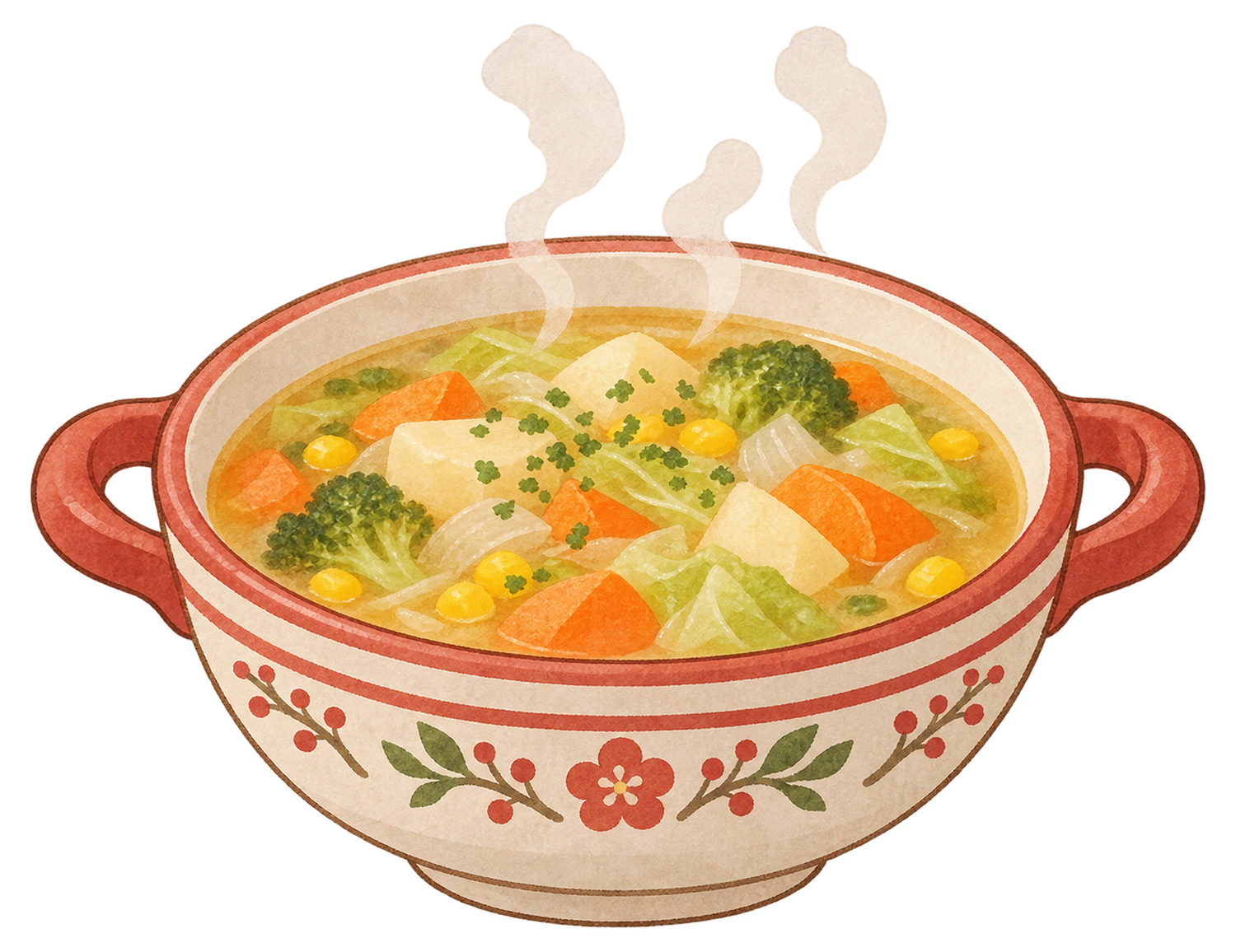 野菜の温かいスープの水彩イラスト｜クリスマスの食べ物の無料素材 104638に写真・文字を入れる