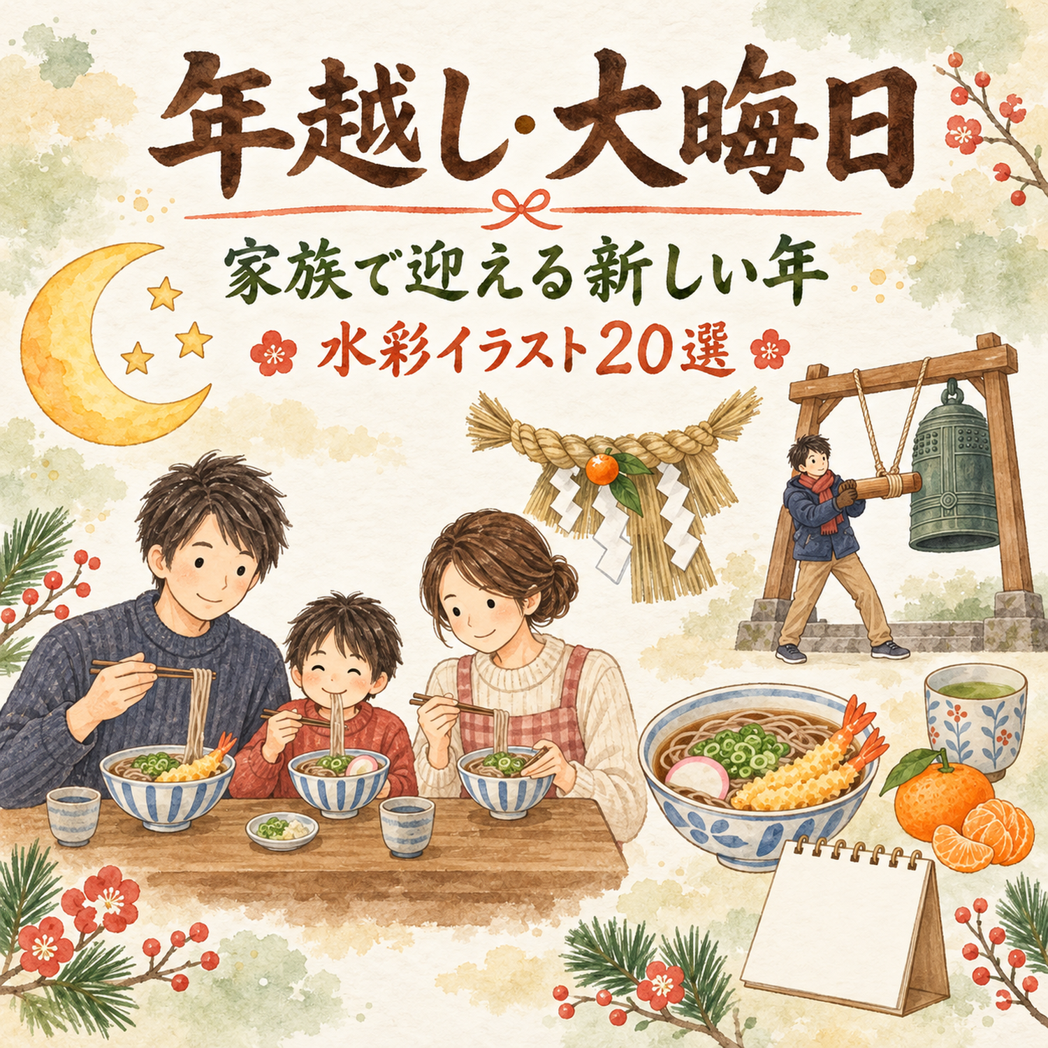 年越し・大晦日20選｜水彩イラストの無料素材 104647に写真・文字を入れる