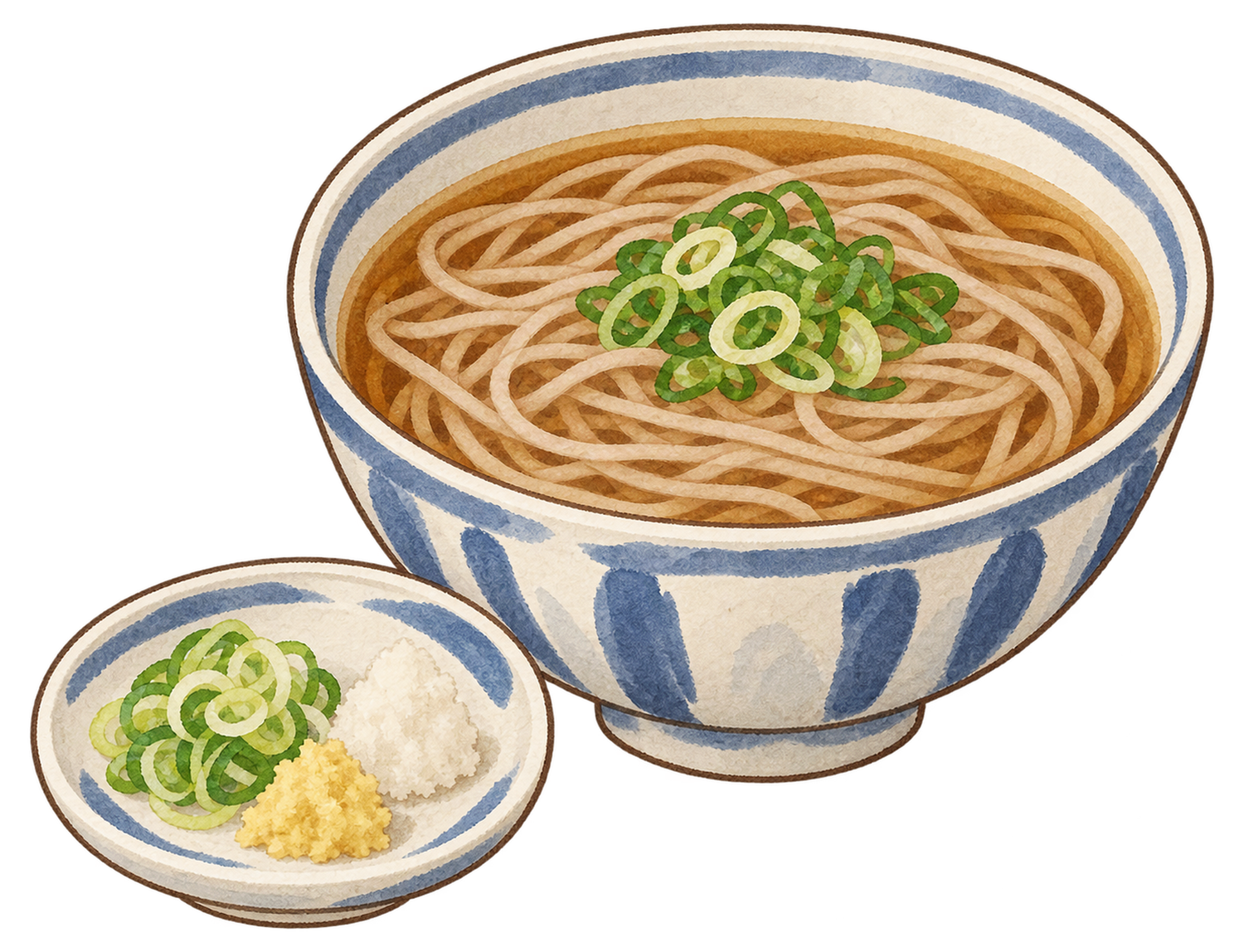 かけそばと薬味の水彩イラスト｜年越し・大晦日の無料素材 104649に写真・文字を入れる