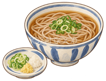 かけそばと薬味の水彩イラスト｜年越し・大晦日の無料素材 104649