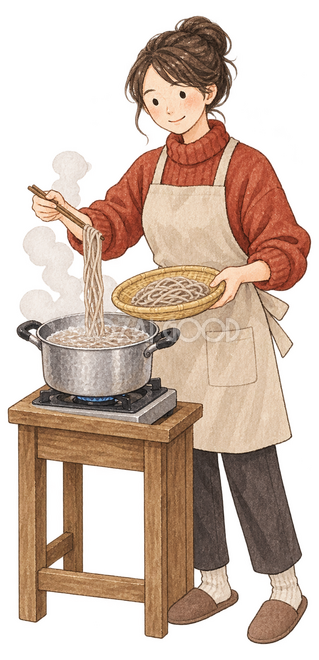 そばを茹でる女性イラスト