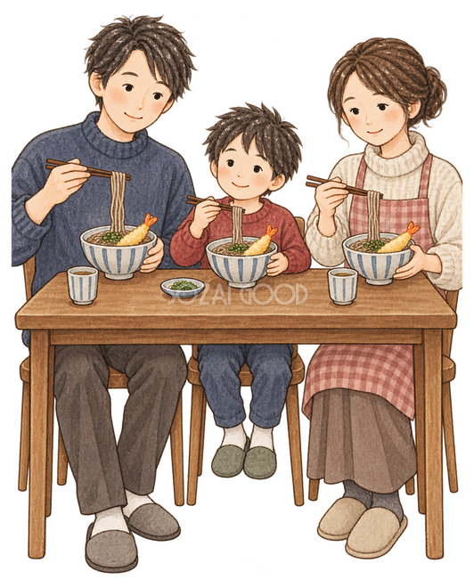 年越しそばを食べる家族三人イラスト