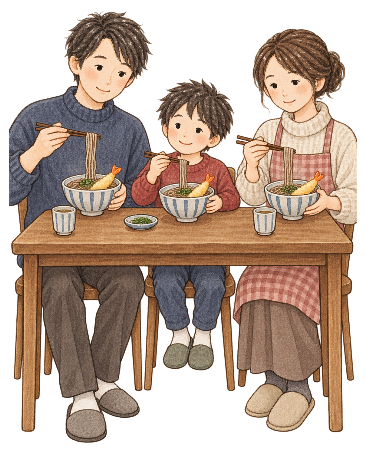 年越しそばを食べる家族三人の水彩イラスト｜年越し・大晦日の無料素材 104652に写真・文字を入れる