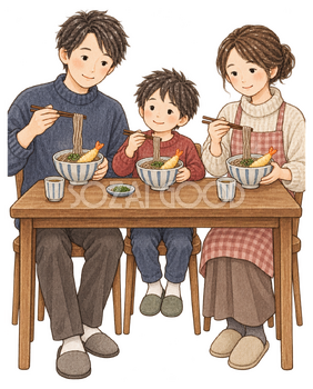 年越しそばを食べる家族三人の水彩イラスト｜年越し・大晦日の無料素材 104652