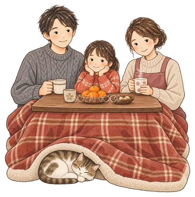 こたつで過ごす家族三人イラスト