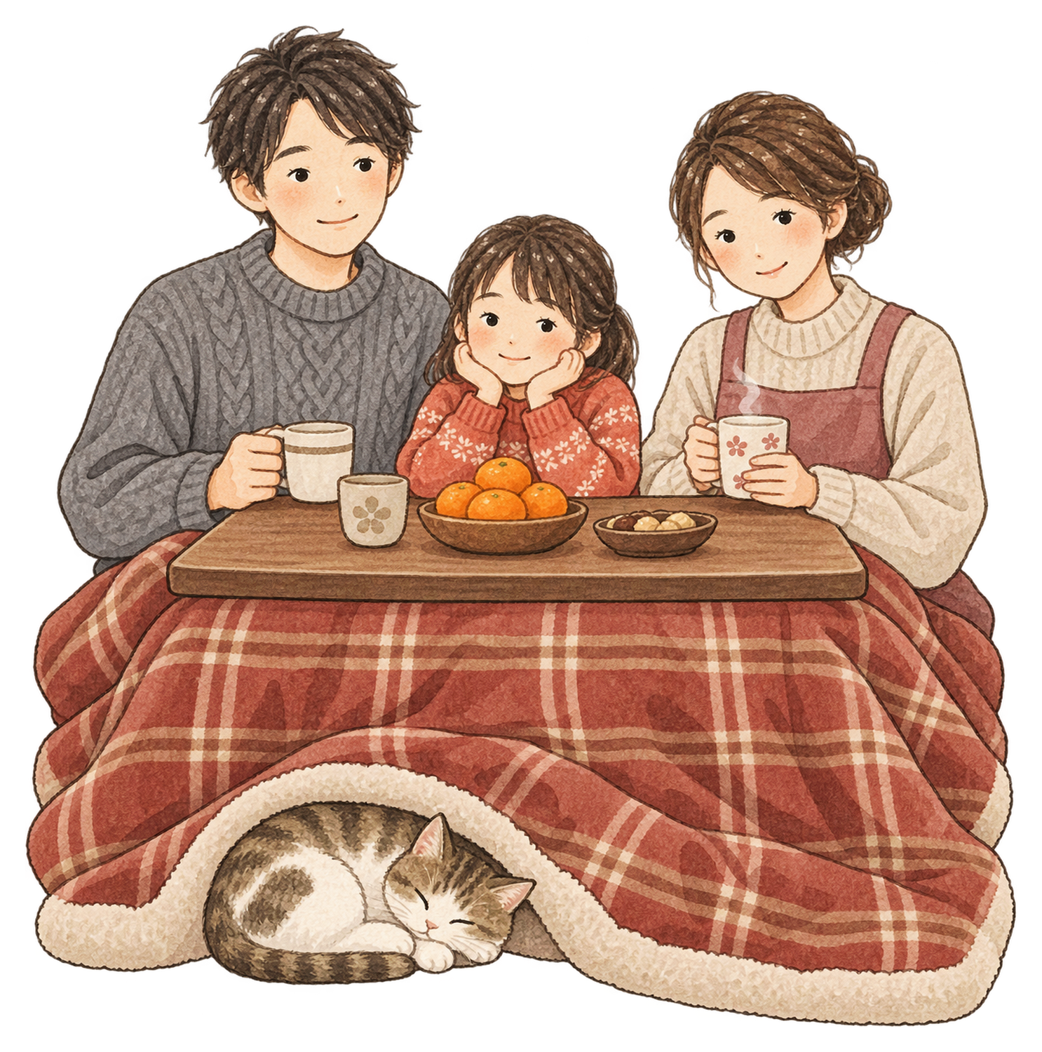 こたつで過ごす家族三人の水彩イラスト｜年越し・大晦日の無料素材 104655に写真・文字を入れる